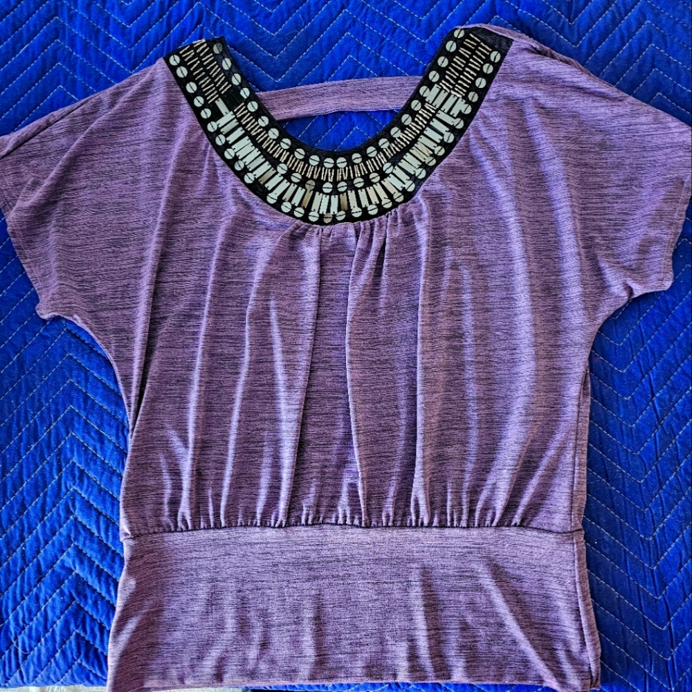 Top, purple with charcoal and silver sequins, cap sleeve
